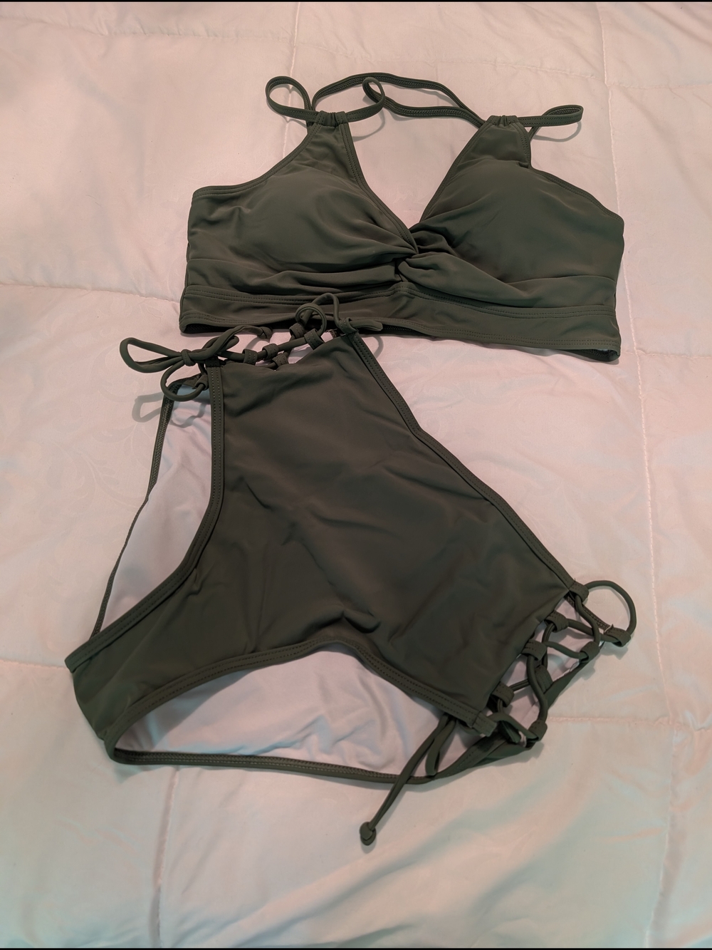 Twist-Front Olive Green Bikini Set with Adjustable Side Tie Details